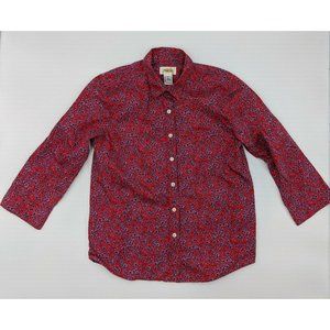 Talbot's Women's Button Down Blouse Red Blue Floral 3/4 Sleeve Size Small Cotton